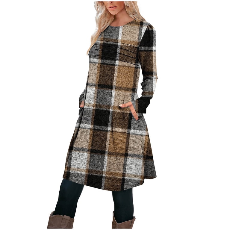Winter Dresses for Women Casual Plaid Midi Dress Print Round Neck With  PocketsLong Sleeve A Line Dress - Walmart.com