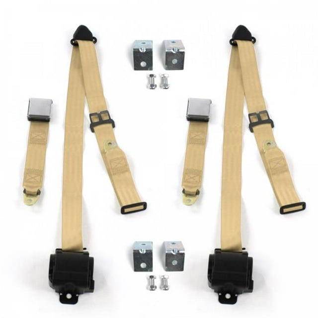 Airplane 3 Point Tan Retractable Bucket Seat Belt Kit with Bracketry for VW Type 1 1968-1983 - 2 Belts