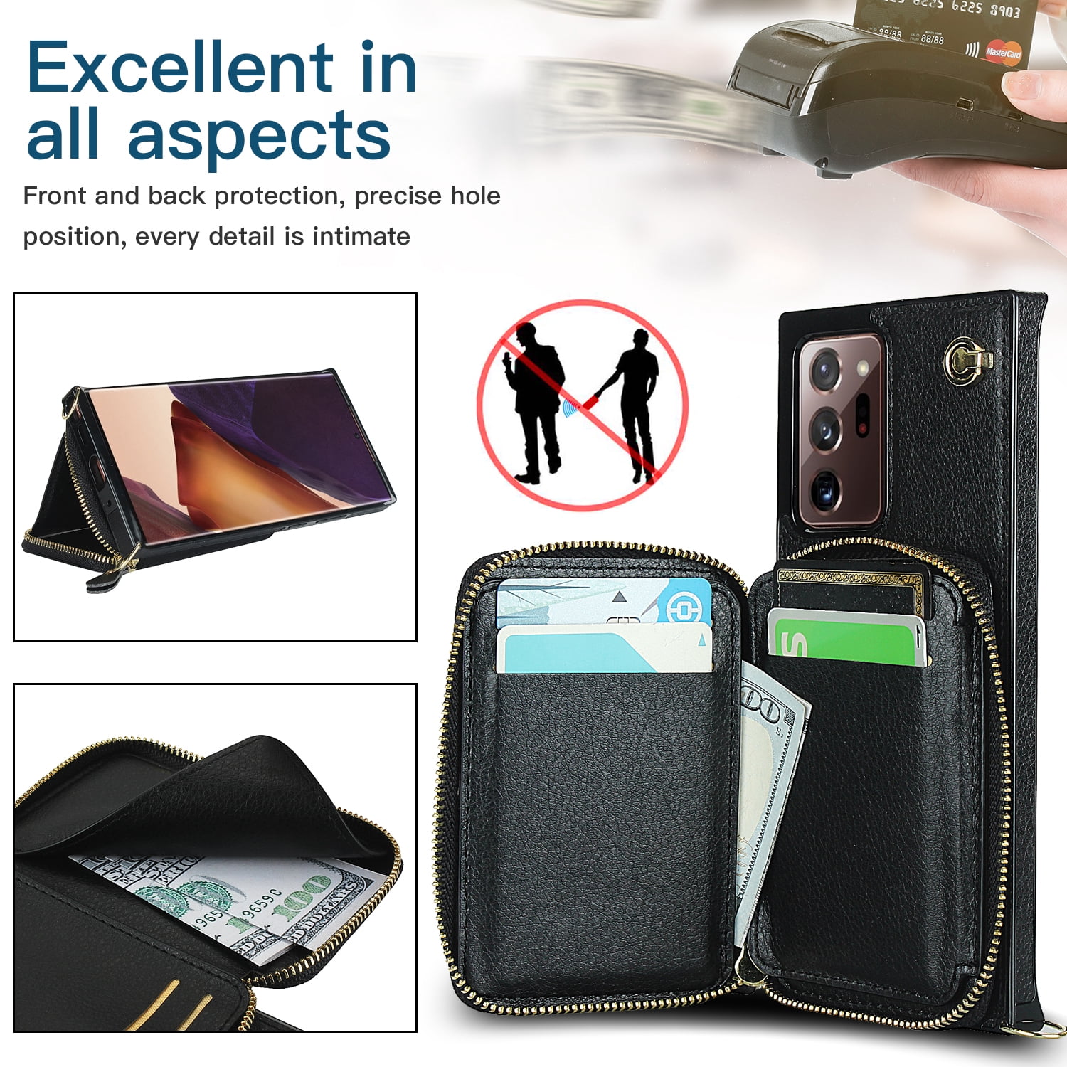 TECH CIRCLE For Galaxy Note 10+ Wallet Case,Card Holder Phone Case for Women, Zipper PU Leather Purse Kickstand Folio Flip Case with Crossbody Strap for Samsung Galaxy Note 10 Plus 5G 6.8” 2019,Black