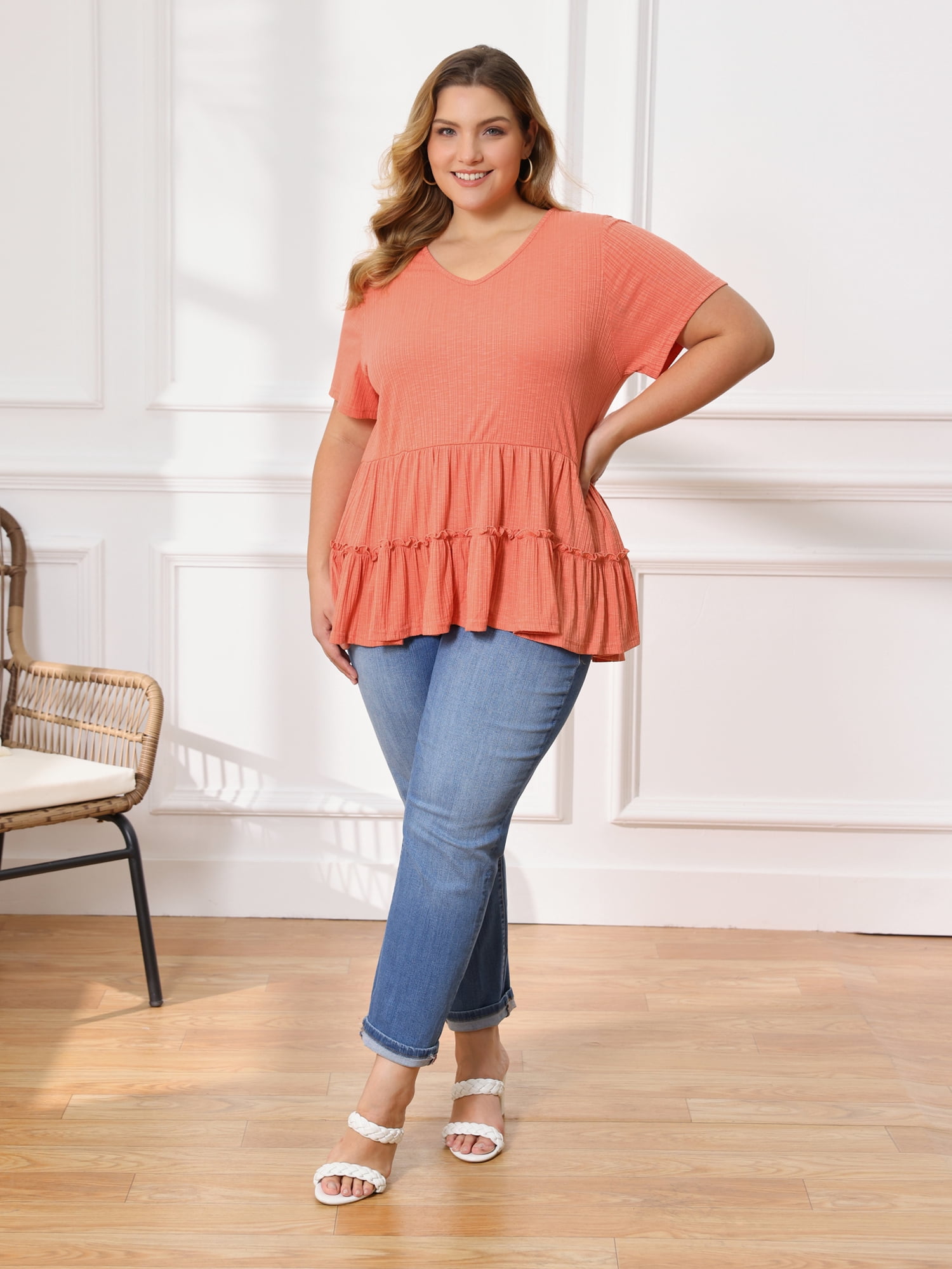 DARING DIVA Women's Plus Babydoll Tops V Neck Casual Loose Fit Blouses 2X Orange