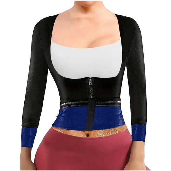 Women Long Sleeve Sauna Suit Hot Sweat Body Shaper Jacket Zipper Up Solid Color Coat Gym Running Fitness Exercise Outerwear