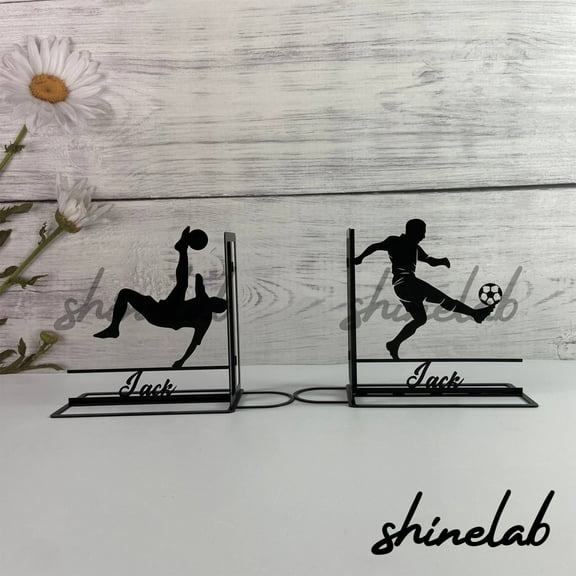 Shinelab Soccer Player Metal Bookends Player Bookend Gift, Sports Table Bookshelf Decor 5972