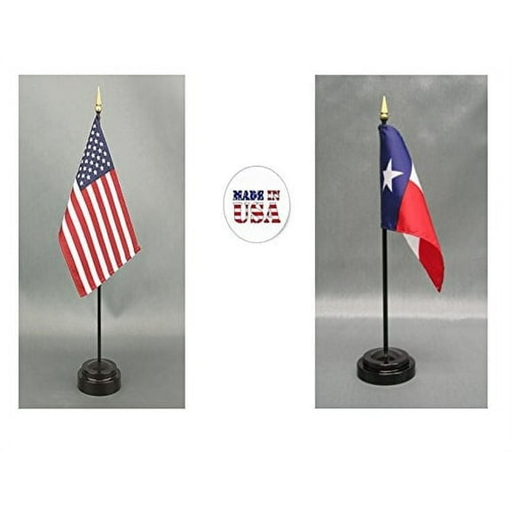 1 American and 1 Texas 4"x6" Mini Desk Flags with Stands (Set of 2)