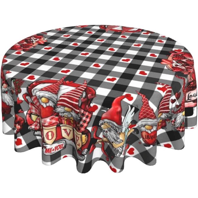 Nappe Ronde de la Saint-Valentin Gnomes 60 Pouces Carreaux Noir et Blanc Cœur Rouge Lavable Résistant aux Plis et aux Taches Polyester Décorations Rustiques pour Fête Maison Cuisine Salle à Manger