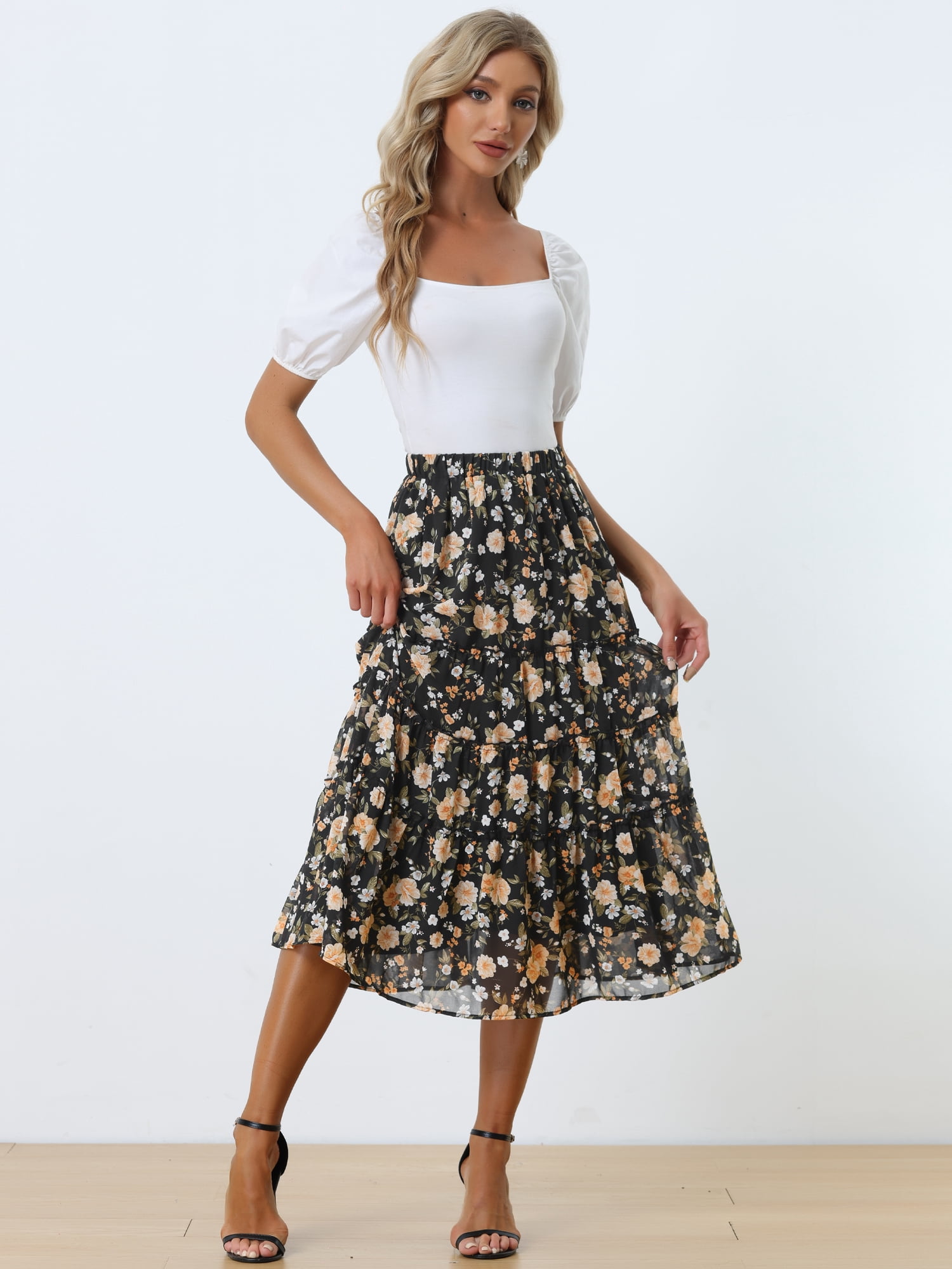 DARING DIVA Women's Chiffon Tiered A-Line Maxi Skirt M Blacks