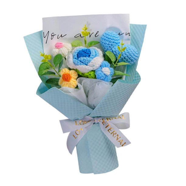 Ramo de flores de ganchillo, centro de mesa decorativo, corazón de hilo tejido artificial Azul
