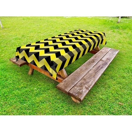 

Yellow Chevron Outdoor Tablecloth Black and Yellow Chevron Pattern Danger Hazard Warning Sign Stripes Zigzag Decorative Washable Fabric Picnic Table Cloth 58 X 84 Inches Black Yellow by Ambesonne