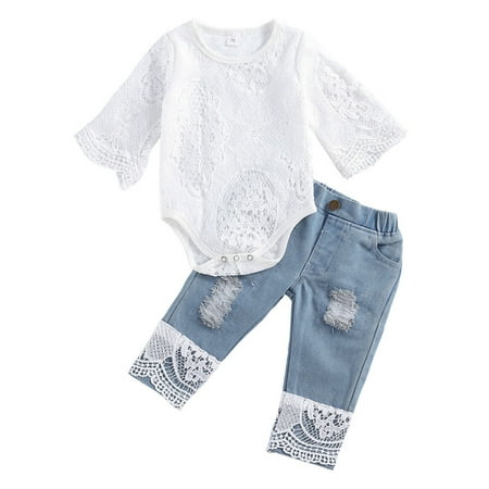 

Listenwind Baby Girl Fall Outfit Set Long Sleeve White Lace Romper Top+ Jeans Baby Girl Clothes Set