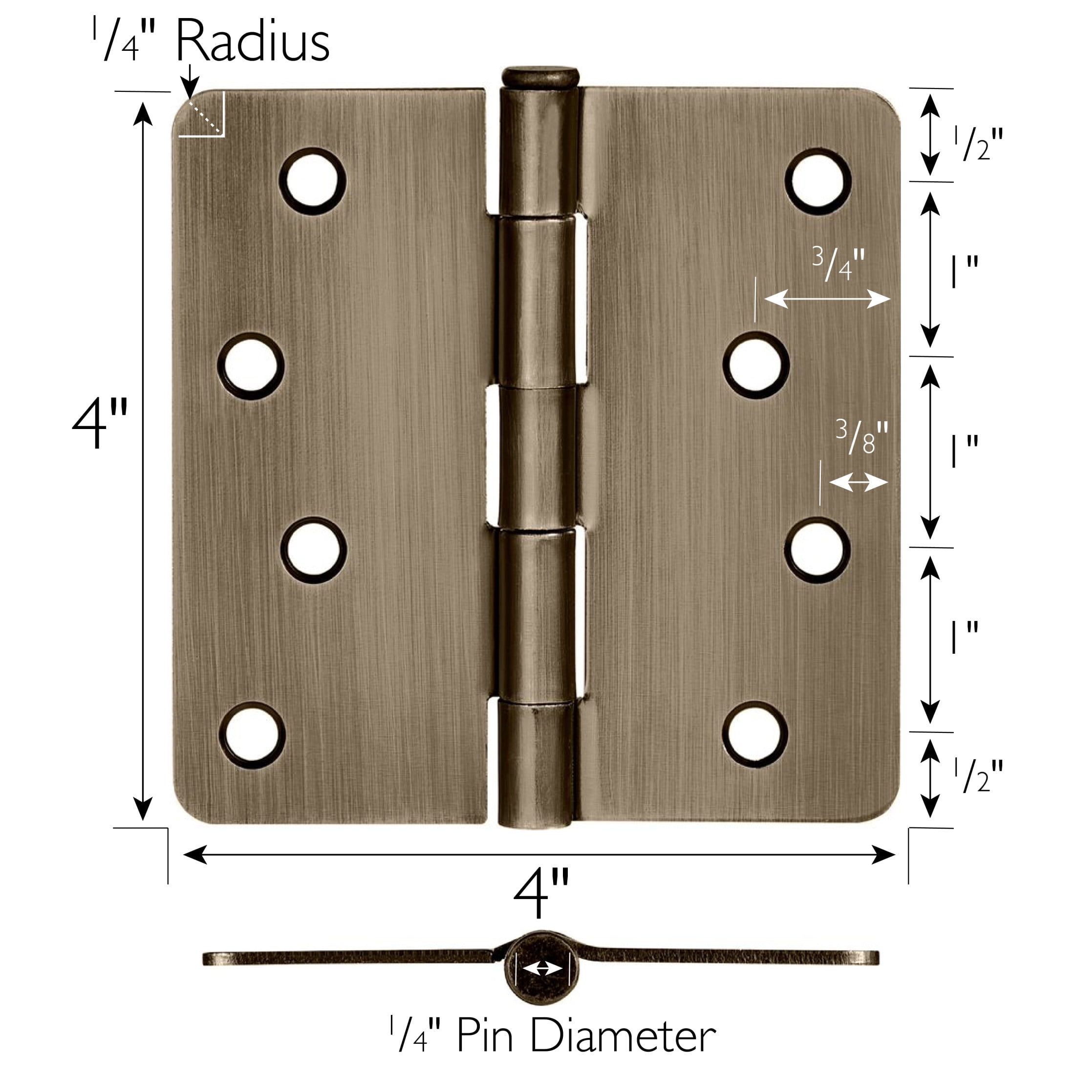 Antique Brass Steel Plain Bearing Door Hinge with Removable Pin, 4 x 4 in. 1/4 in. Radius, 3-Pack