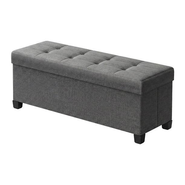 SONGMICS Puff Almancenaje, Banco Almacenaje, 38 x 110 x 40 cm, Taburete con Reposapiés, Banco con Almacenamiento, Plagable, para Salón, Dormitorio, Gris Oscuro