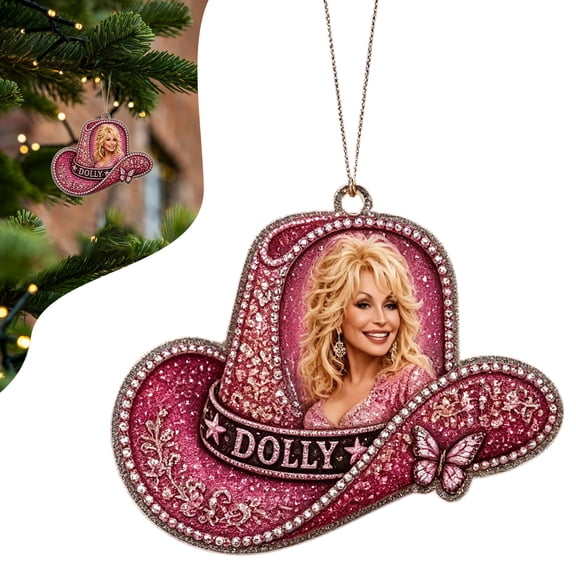 Dolly Pink Ornament, Acrylic Christmas Tree & Car Hanging Decoration, Glitter Country Music Fan Gift, Sparkling Pink Charm for Tree or Car