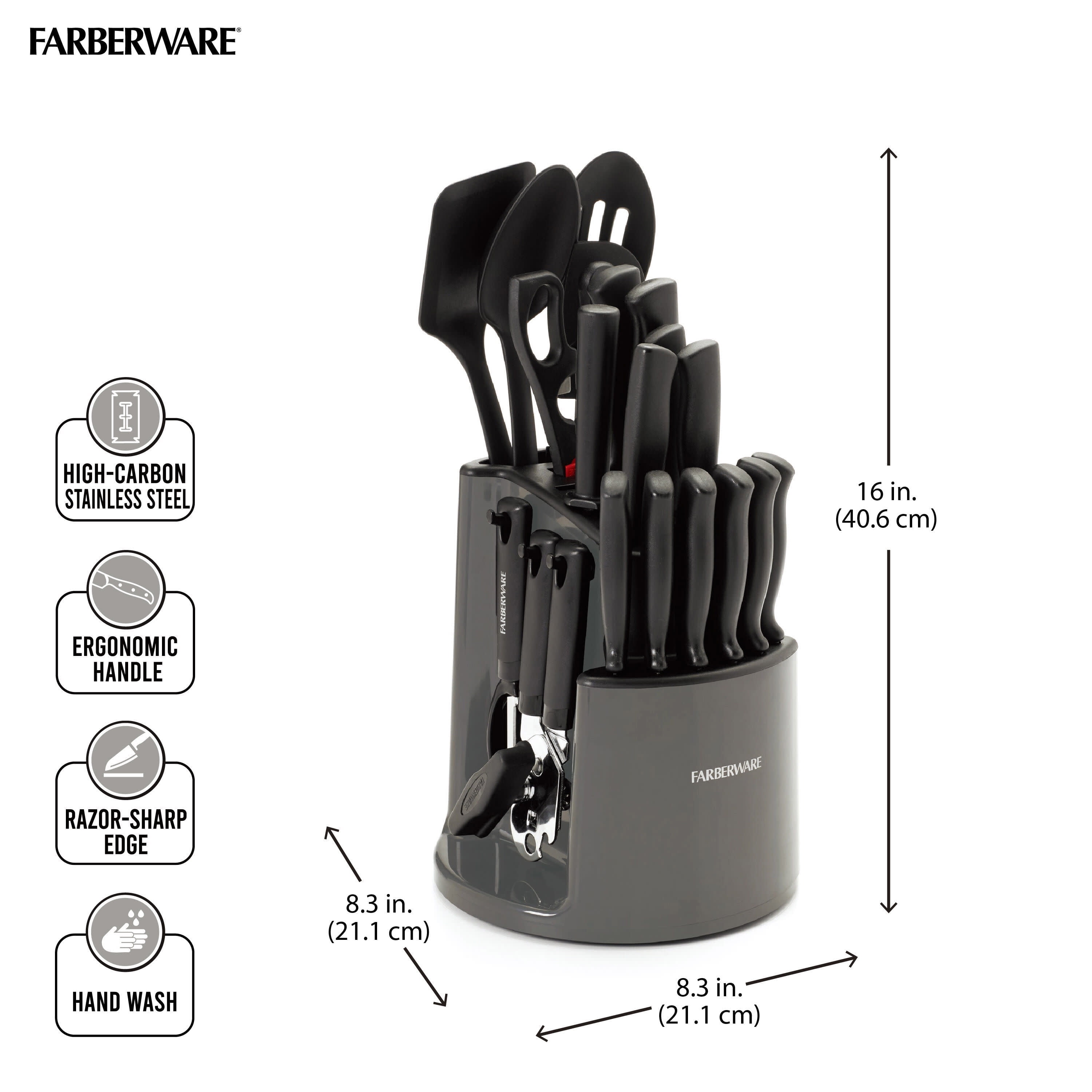 Farberware Classic 30-Piece Spin-N-Store Rotating Carousel Stainless Steel Knife Set & Tool Set Gray