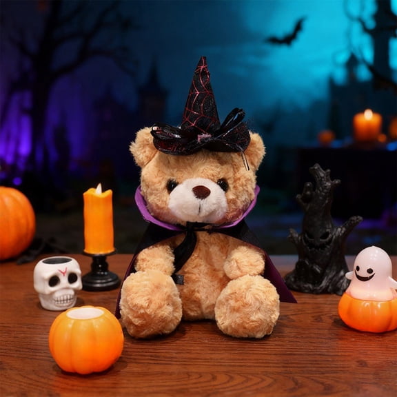 MYUNNIL Halloween Plush Teddy Bear, Soft Teddy Bear Stuffed with Spider Web Pattern Witch Hat and Cloak, 11" Cool Cute Animal Themed Decoration for Halloween Party & Birthday Gifts, Beige