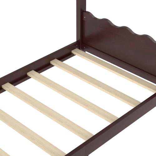 Twin Size House Floor Bed with Roof, Floor Bed with Slats Support, Low Profile House Bed with Headboard & Footboard, Twin Size Platform Bed, Espresso