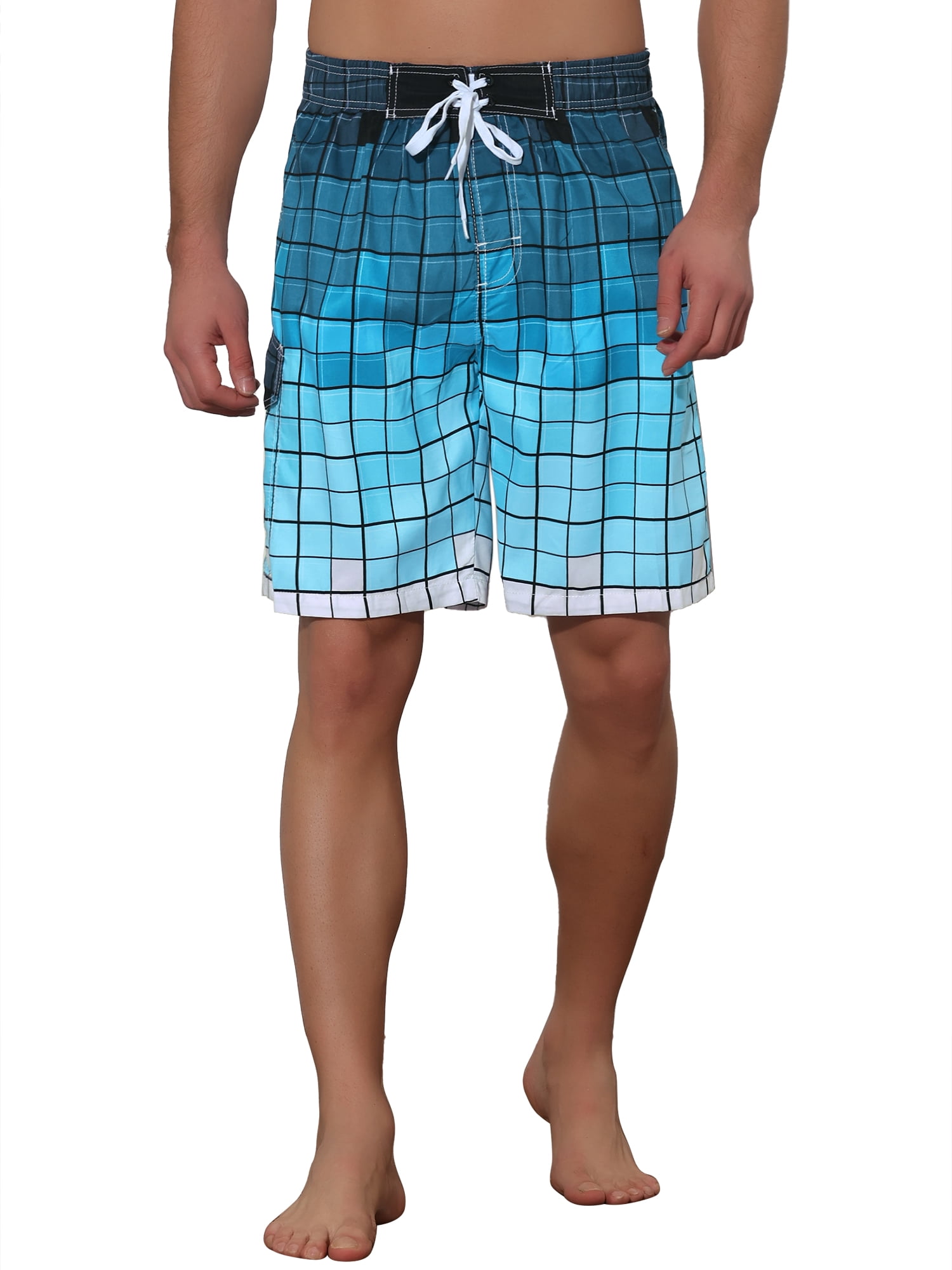 Unique Bargains Men's Hawaiian Drawstring Waist Color Block Plaid Board Shorts 32 Blue