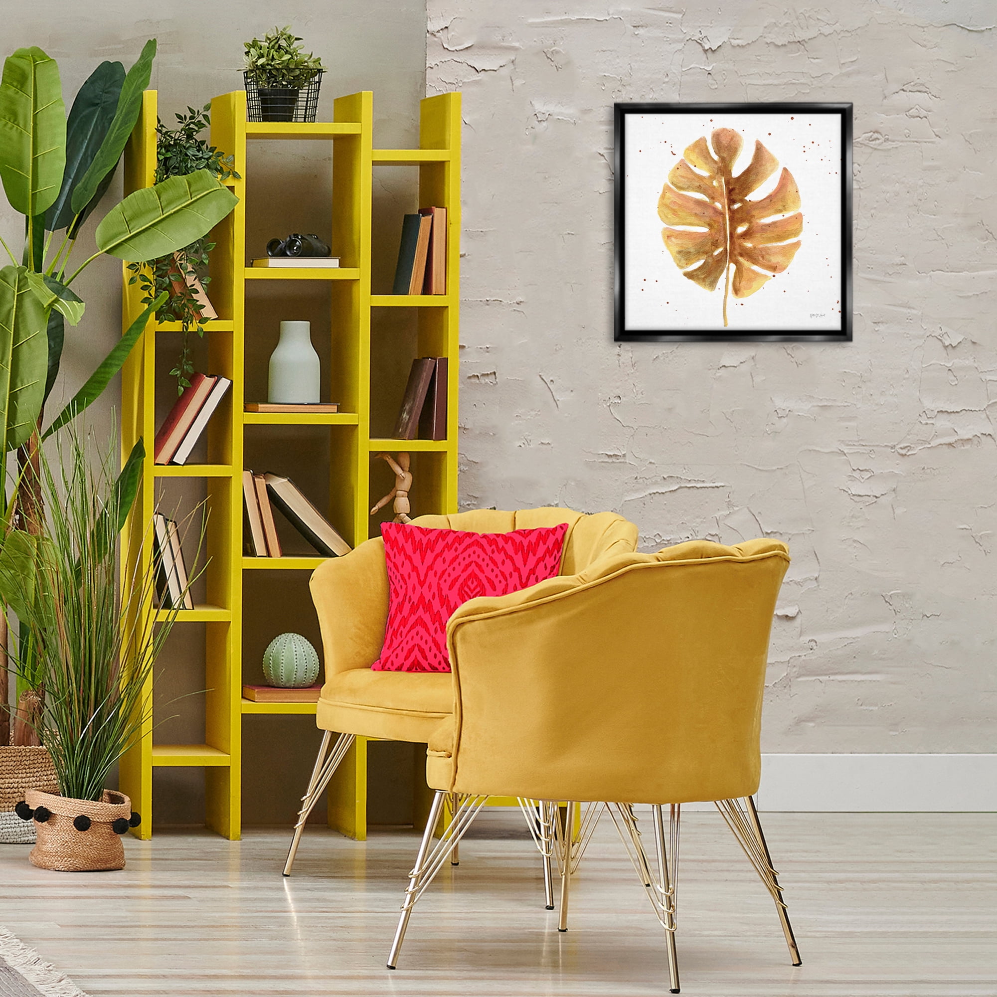 Stupell Industries Golden Palm Leaf Botanical & Floral Painting Black Floater Framed Art Print Wall Art, 18 x 18