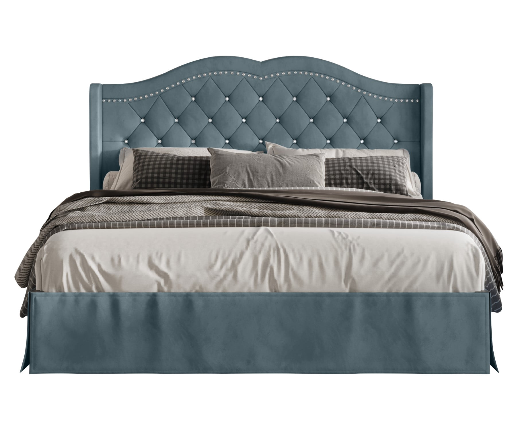Home Design Bruce King Tufted Upholstered Platform Bed Frame with Wingback Headboard and Nailhead Trim, Blue, Easy Assembly