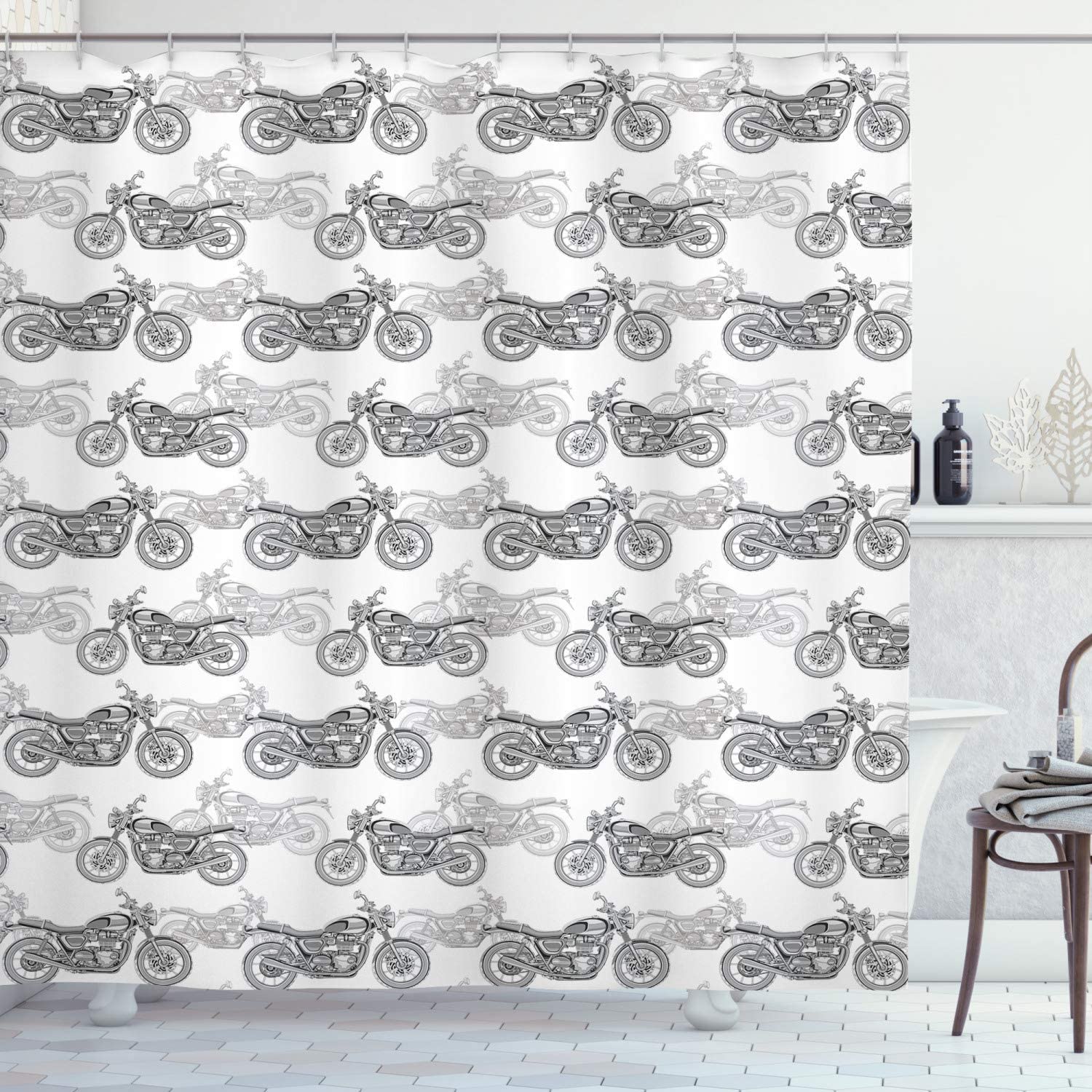 Motorcycle Shower Curtain, Realistic Grayscale Illustration of Classic