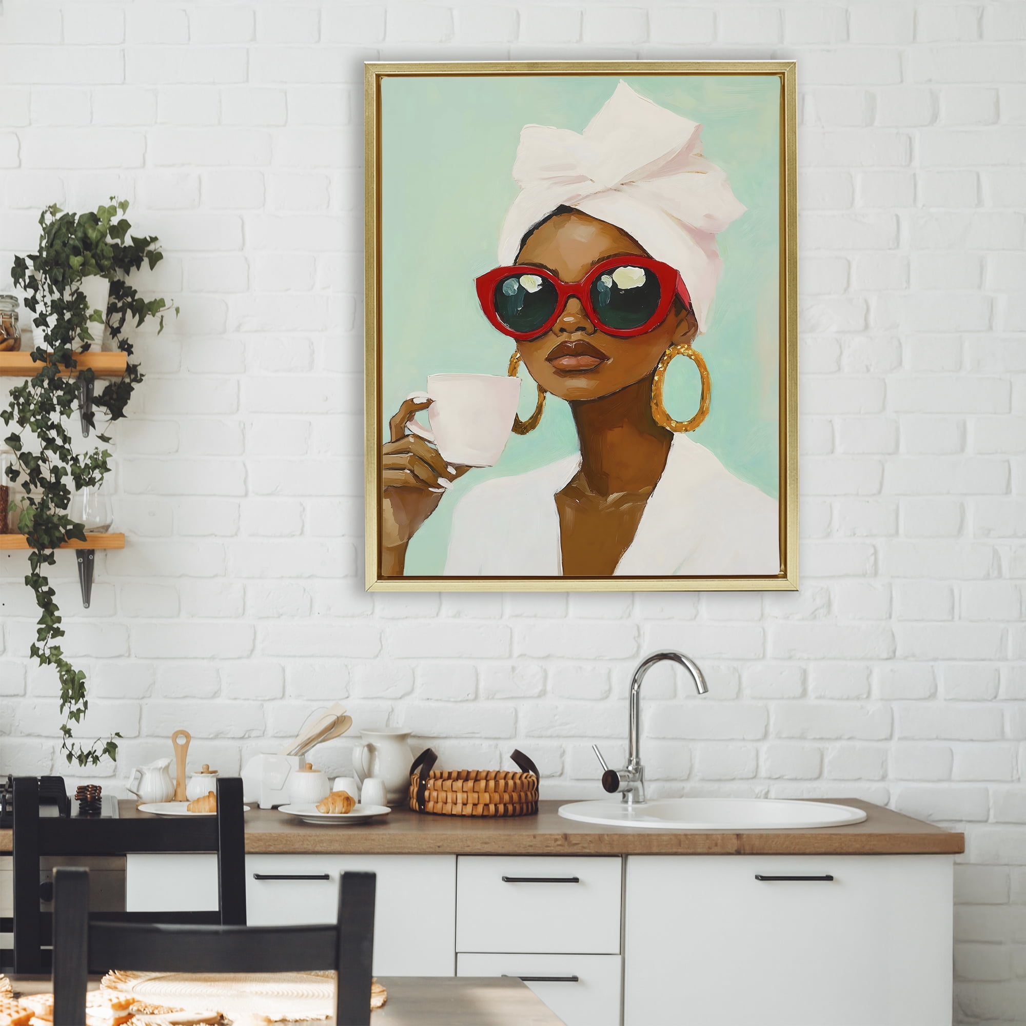 Stupell Industries Coffee Lover in Red Sunglasses Gold Framed Floater Canvas Wall Art, design by The Prints Vibe