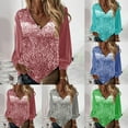thumbnail image 5 of CENL Women V-neck Sequin Long Sleeved Shirt Solid Color Loose Blouse Top Streetwear, 5 of 9