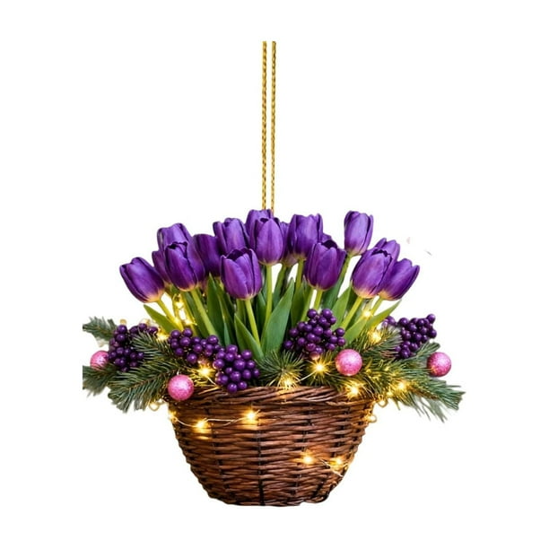 Adorno navideño de cesta de flores | Colgante acrílico plano 2D | Decoración festiva para árboles de Navidad, coronas y decoración del hogar | Diámetro de 3,14 pulgadas