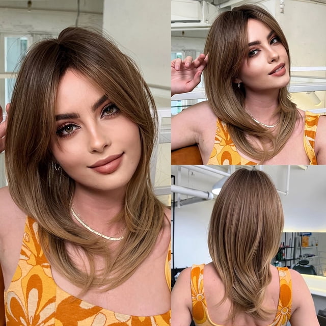 Peluca de cabello Natural con flequillo para mujer, medio y largo pelo sintético, liso, marrón y negro, resistente al calor, ideal para fiesta y Cosplay
