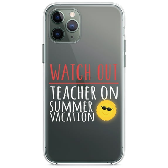 DistinctInk Clear Shockproof Hybrid Case for iPhone 13 Pro MAX (6.7" Screen) - TPU Bumper Acrylic Back Tempered Glass Screen Protector - Watch Out Teacher on Summer Vacation