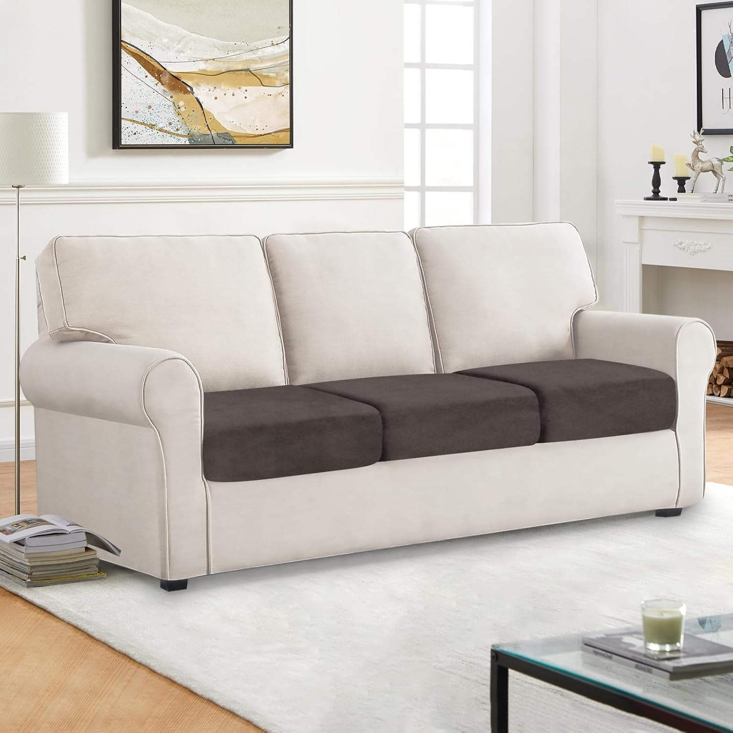 Couch Covers, 3 Pieces Couch Cushion Cover Velvet, Seat Cushion Cover, Stretch Sofa Covers, Separate Sectional Sofa Slipcovers, Furniture Protector(3-Seater or Backrest, Coffee)
