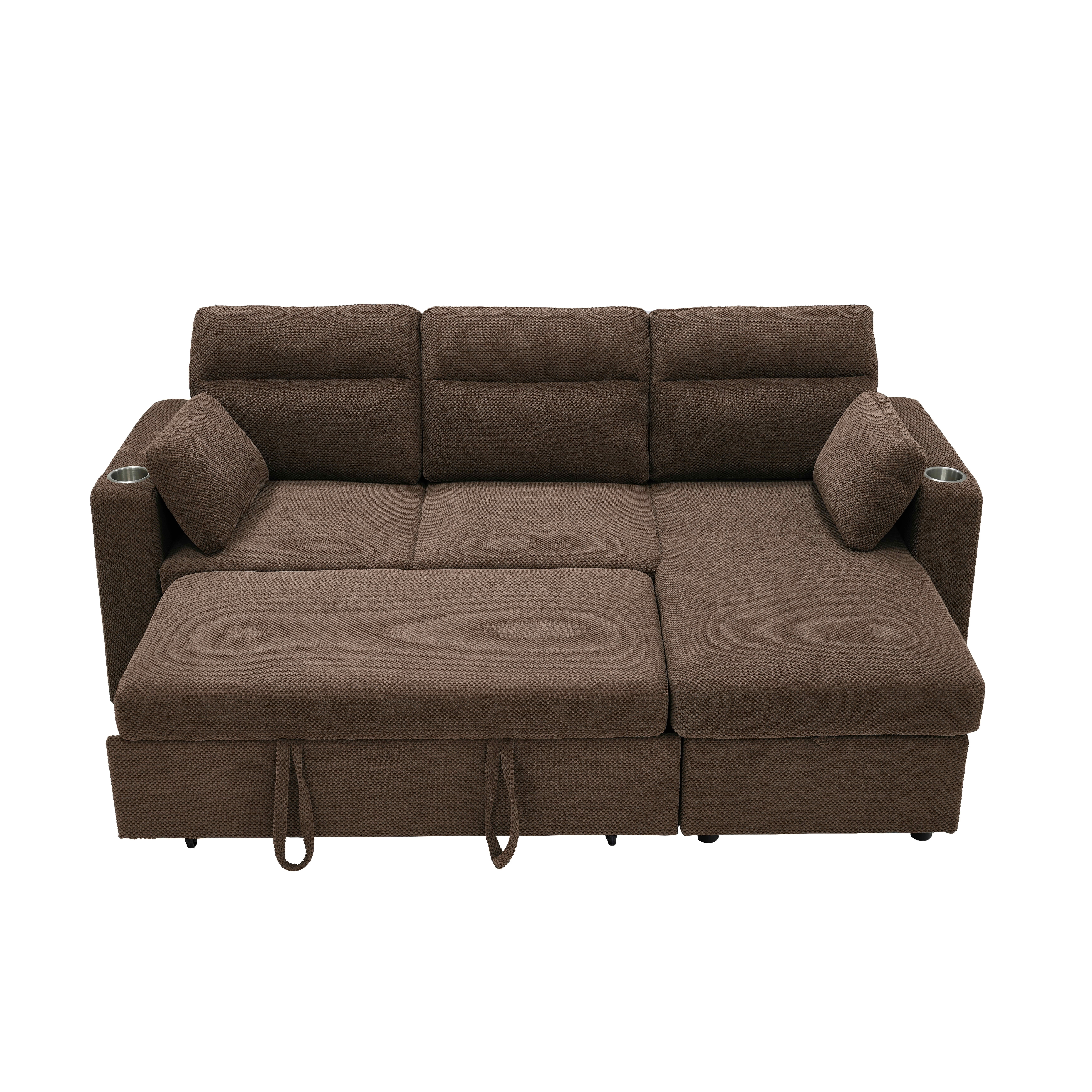 MAYEERTY 82.5 Inch L‑Shaped Pull‑Out Sectional Sofa Bed, Convertible Sleeper Couch with Storage Chaise, Cup Holders & 2 Pillows for Apartments