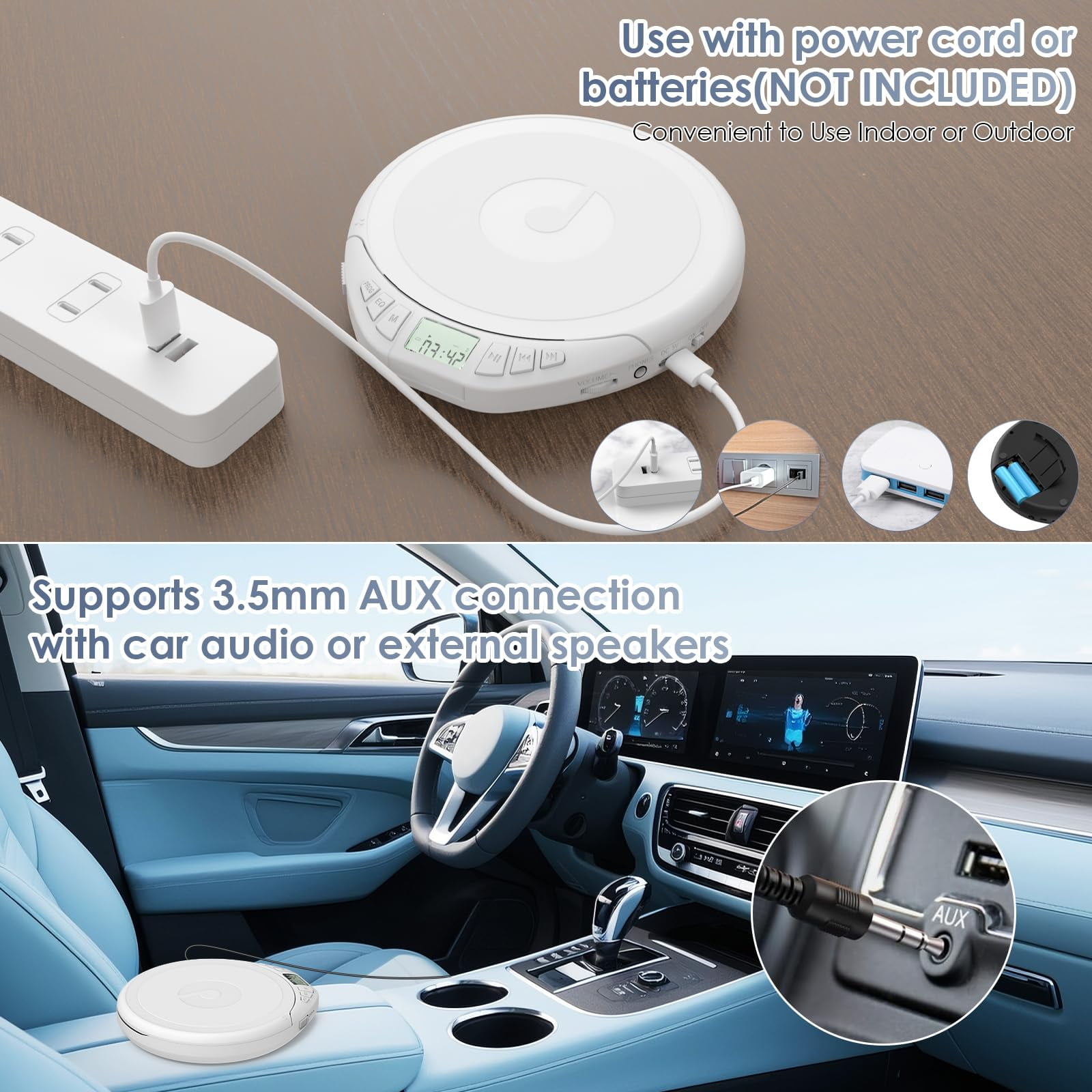 Ooosea CD Player Portable Walkman with Earphones,CD Player for Car Anti-Skip Shockproof,CD Player for Home with Headphones Jack USB AUX LCD,CD Disc