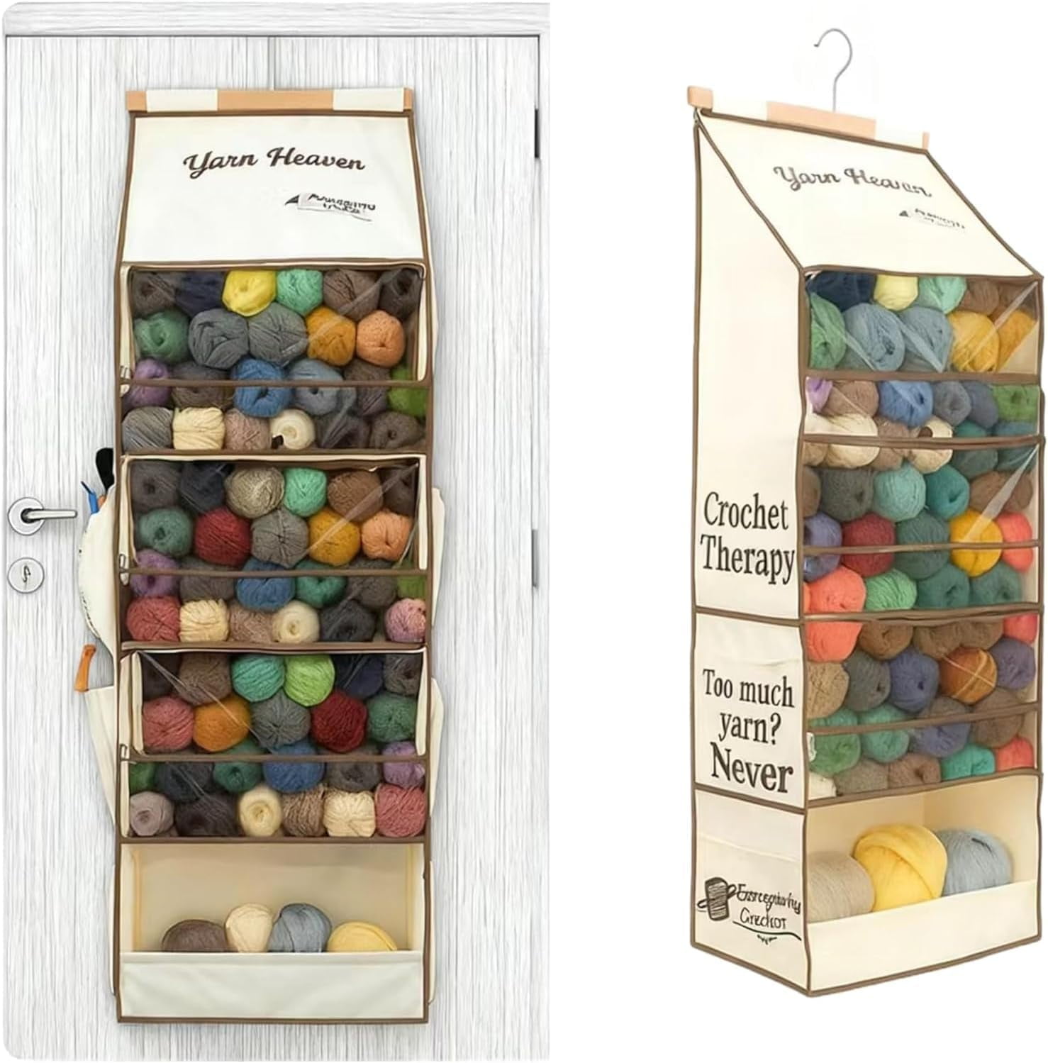 2026 Yarn Heaven Storage Bag – Large Capacity Hanging Yarn Storage Organizer with 4 Clear Zipper Closure Compartments Pockets & 3 Side Crochet/Knitting Needles Pockets Tool Crochet Bag for Crafters