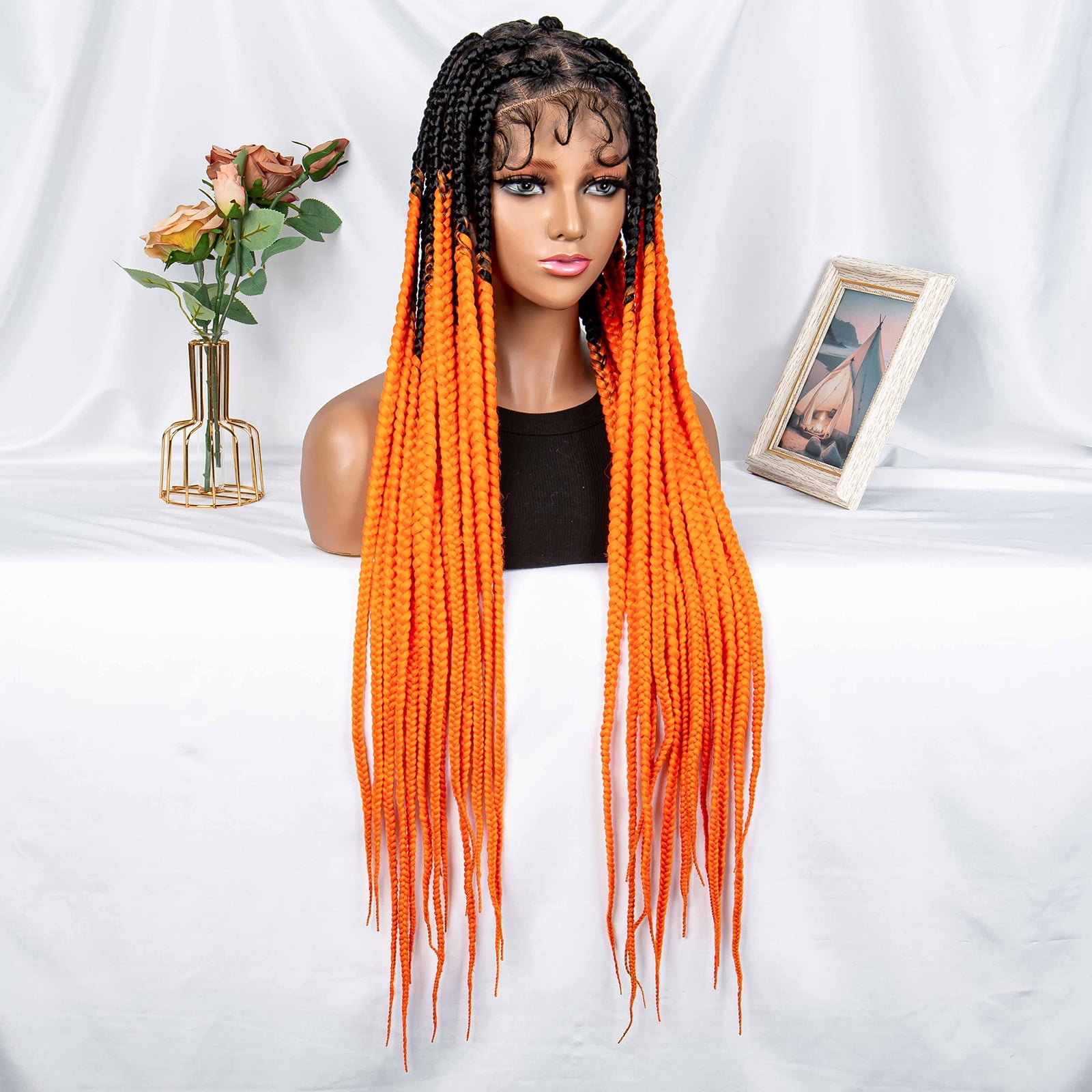 Braided Wigs for Women Full Double Lace Braided Wigs Knotless Box Synthetic Lace Front Braided Wigs Cornrow Braids with Baby Hair Handmade Braided Wigs 32 inches (OT/Orange Color)