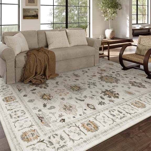 Moynesa 5'x7' Vintage Area Rugs,Oriental Farmhouse Rugs for Living Room,Low-Pile Soft Distressed Bedroom Rug Non-Slip Washable Indoor Floor Carpet for Dining Room Dorm Office,Ivory
