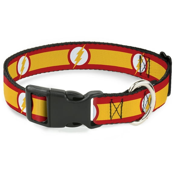 DC Comics Pet Collar, Dog Collar Plastic Buckle, The Flash Logo7 Stripe Red White Yellow, 7 to 8.5 Inches 0.5 Inch Wide