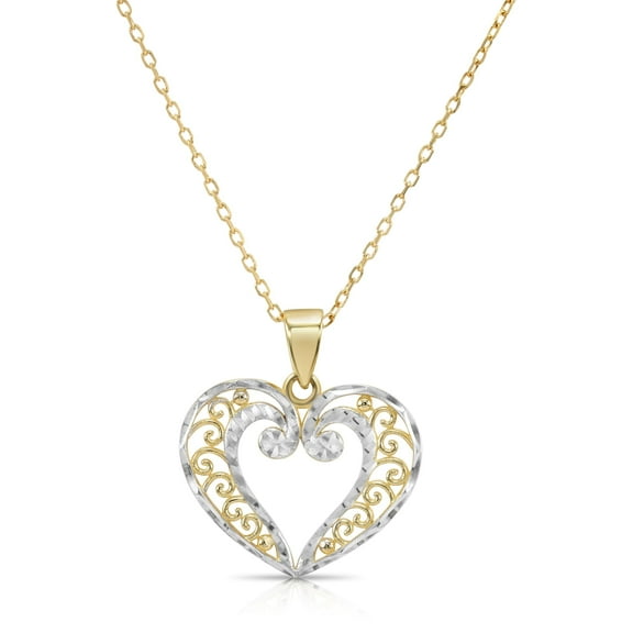 Tilo Jewelry 14K Two-Tone Gold Filigree Open Heart Pendant Charm Necklace for Women & Unisex | 18 Inch Cable Chain
