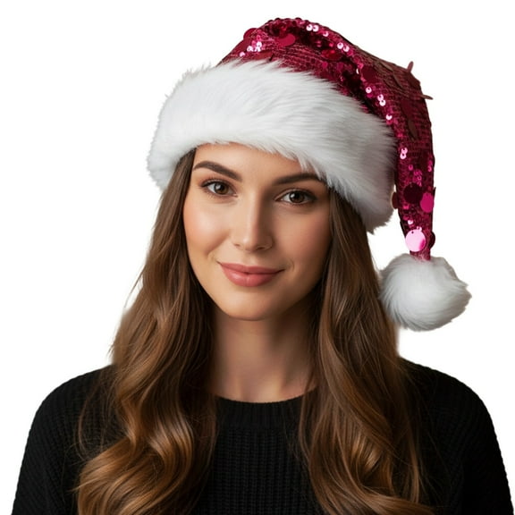 Tisuna Women Christmas Hats Sequin Print Stretchy Beanie Hat Fashion Soft Autumn Winter Ladies Santa Headwear Hot Pink