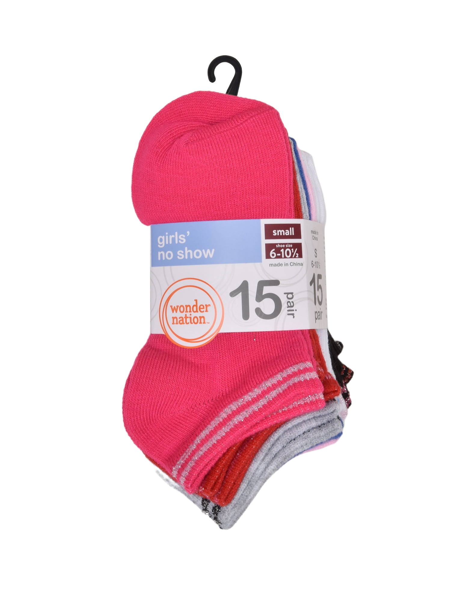 Wonder Nation Girls Lurex No-Show Socks, 15-pack, Size Small (Shoe Size 6-10.5)