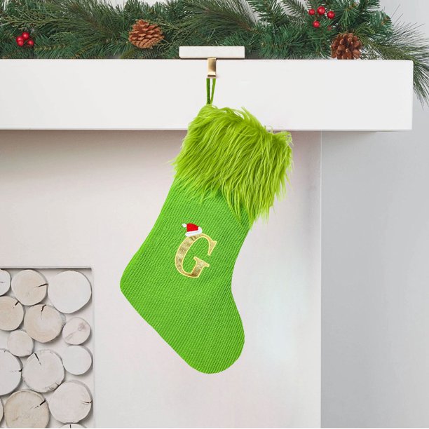 Suministros para las fiestas navideñas Calcetines navideños Regalos Calcetines Decoración del lugar Calcetines navideños peludos verdes de punto grandes con letras Akmoler