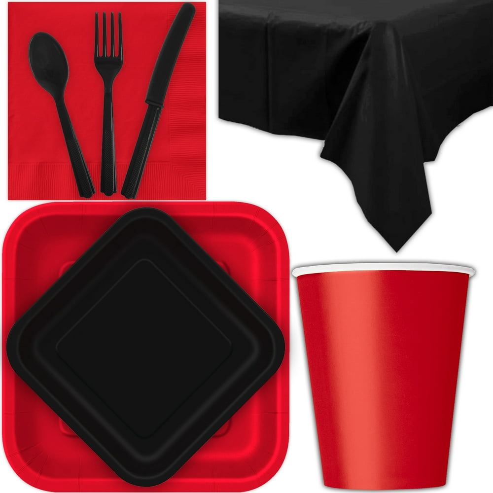 Disposable Party Supplies for 28 Guests Ruby Red and Midnight Black Square Dinner Plates