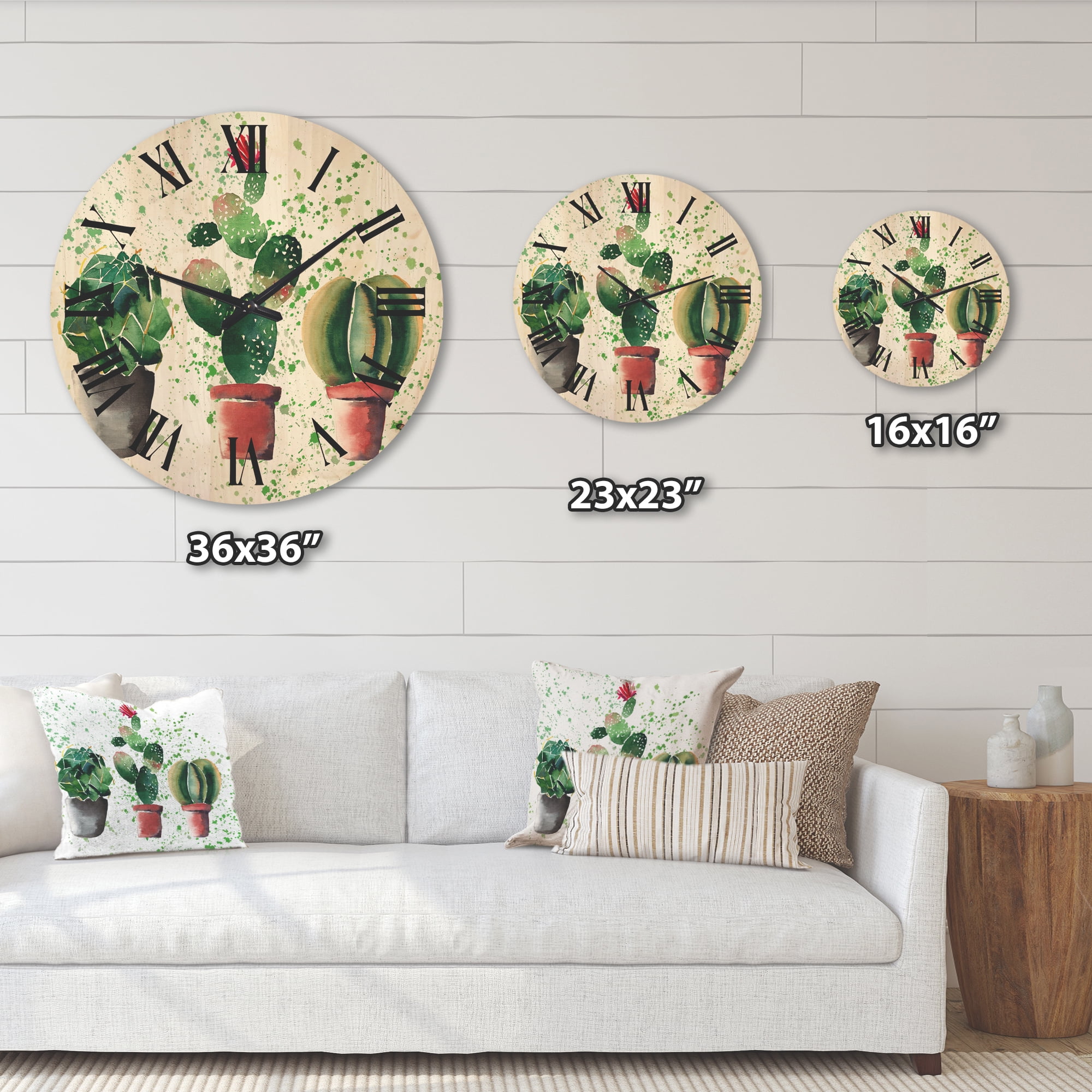 Designart 'Three Cacti In Clay Pots With Green Dots' Traditional Wood Wall Clock