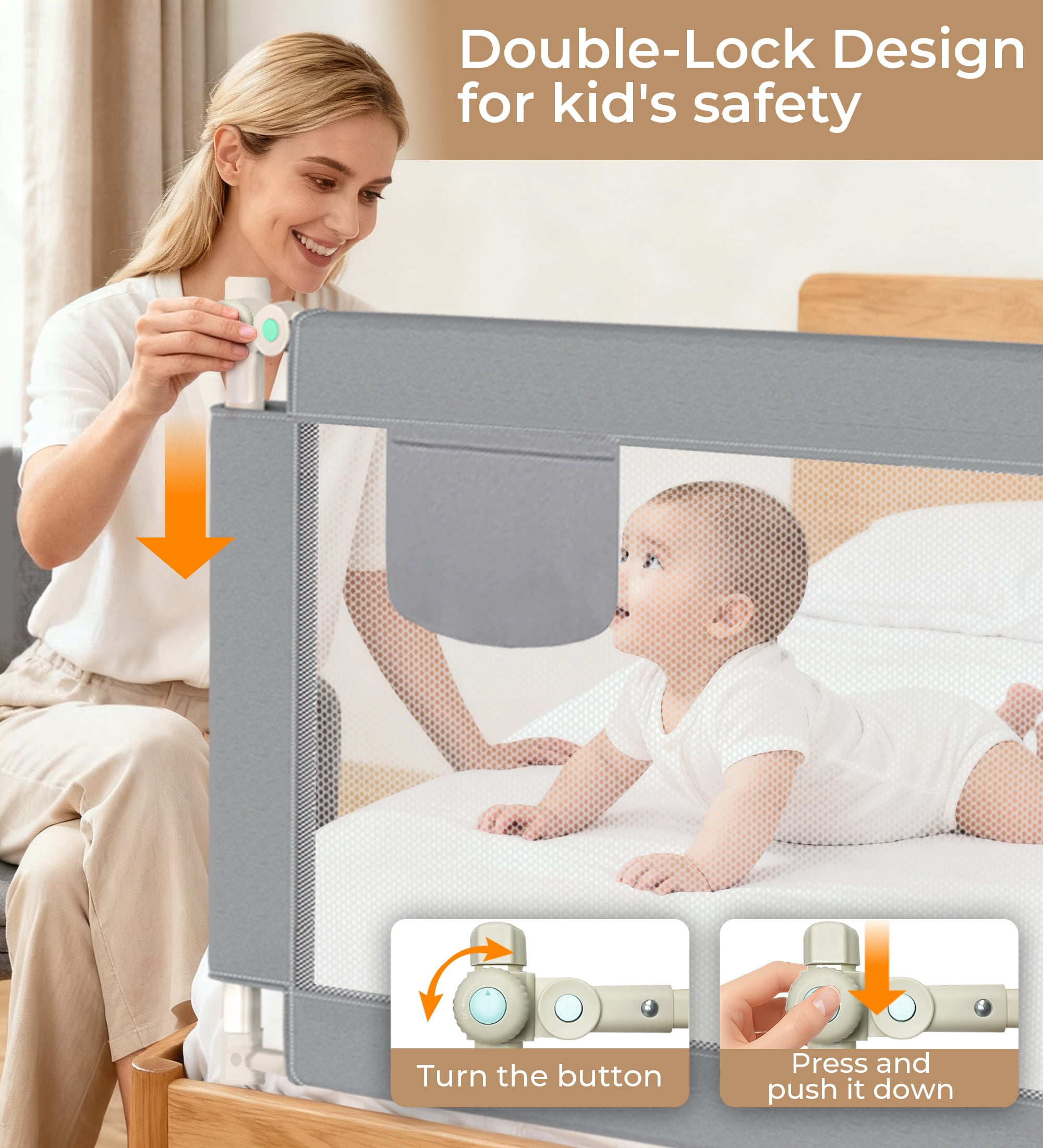 RUPOUN L-Shaped Toddler Bed Rail for Kids – Safety Guardrail, Universal Fit for Mattresses, Easy Installation, 1.5m Large Size, Gray