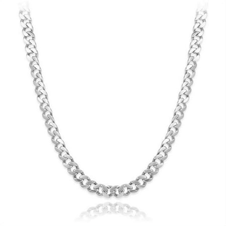 Italian 7.5 mm Solid 925 Platinum Plated Sterling Silver Beveled Cuban Curb Link Chain, 26 in.