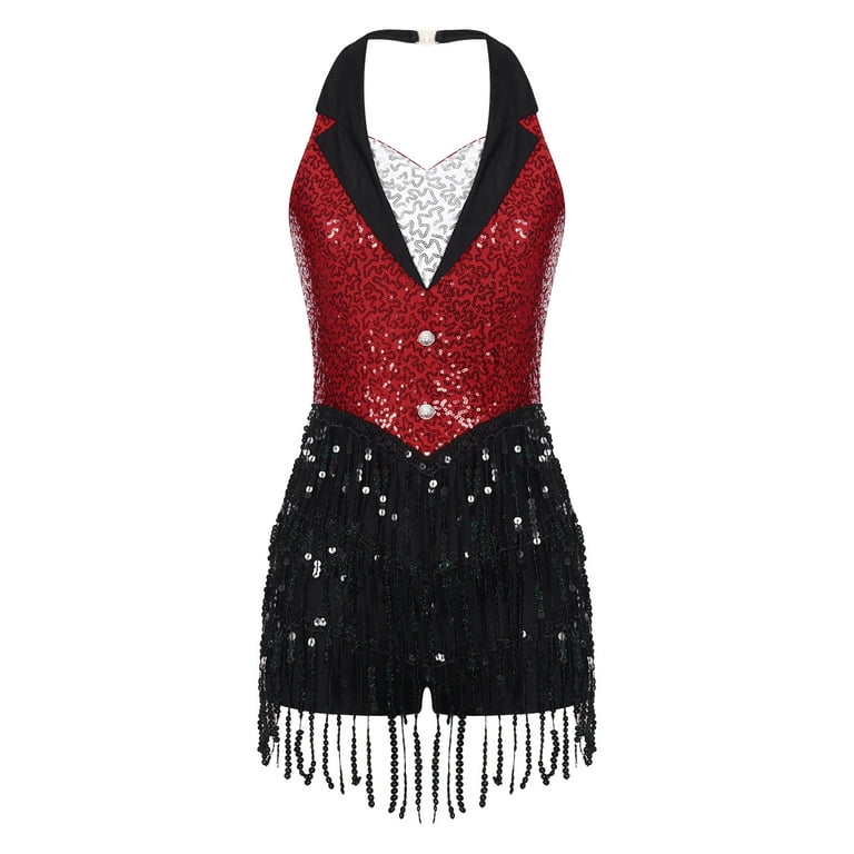 inhzoy Women's Tuxedo Jazz Latin Dance Leotard Dress Sequins