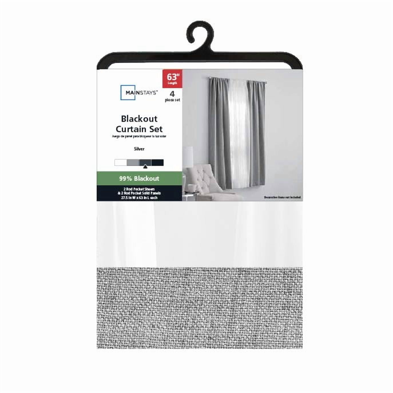 Mainstays Solid Twill Blackout Curtain Panel and Sheers, Set of 4, Soft Silver, 27.5" W x 63" L
