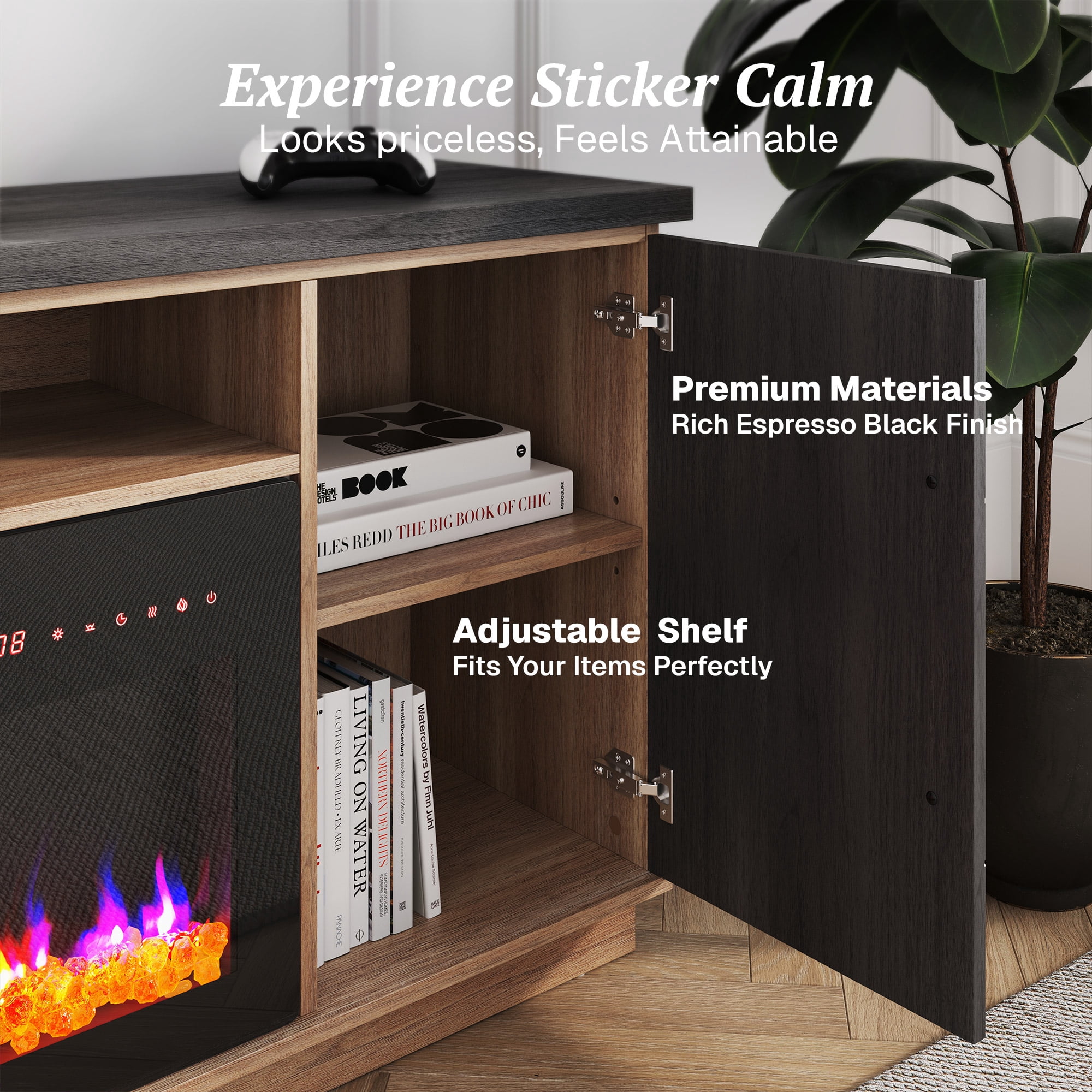 BELLEZE 68 Inch Electric Fireplace TV Stand With Gold Grim, Elegant Entertainment Center With Storage, Media Console With Drawers & Open Shelves for Living Room, Bedroom Home Theater (Espresso Black)