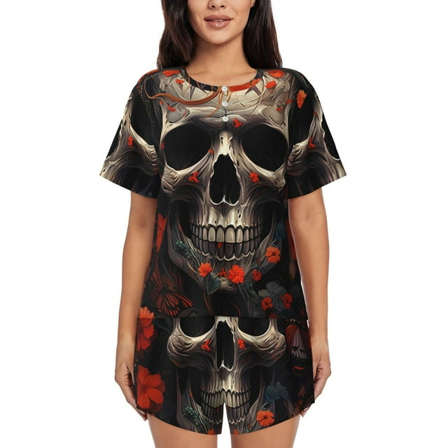 Balery Vintage Butterfly Flower Skull Conjunto de Pijama para Mujer con Estampado, Dos Piezas de Manga Corta y Shorts, Ropa de Dormir Suave con Cuello Redondo y Bolsillos-3X-Large