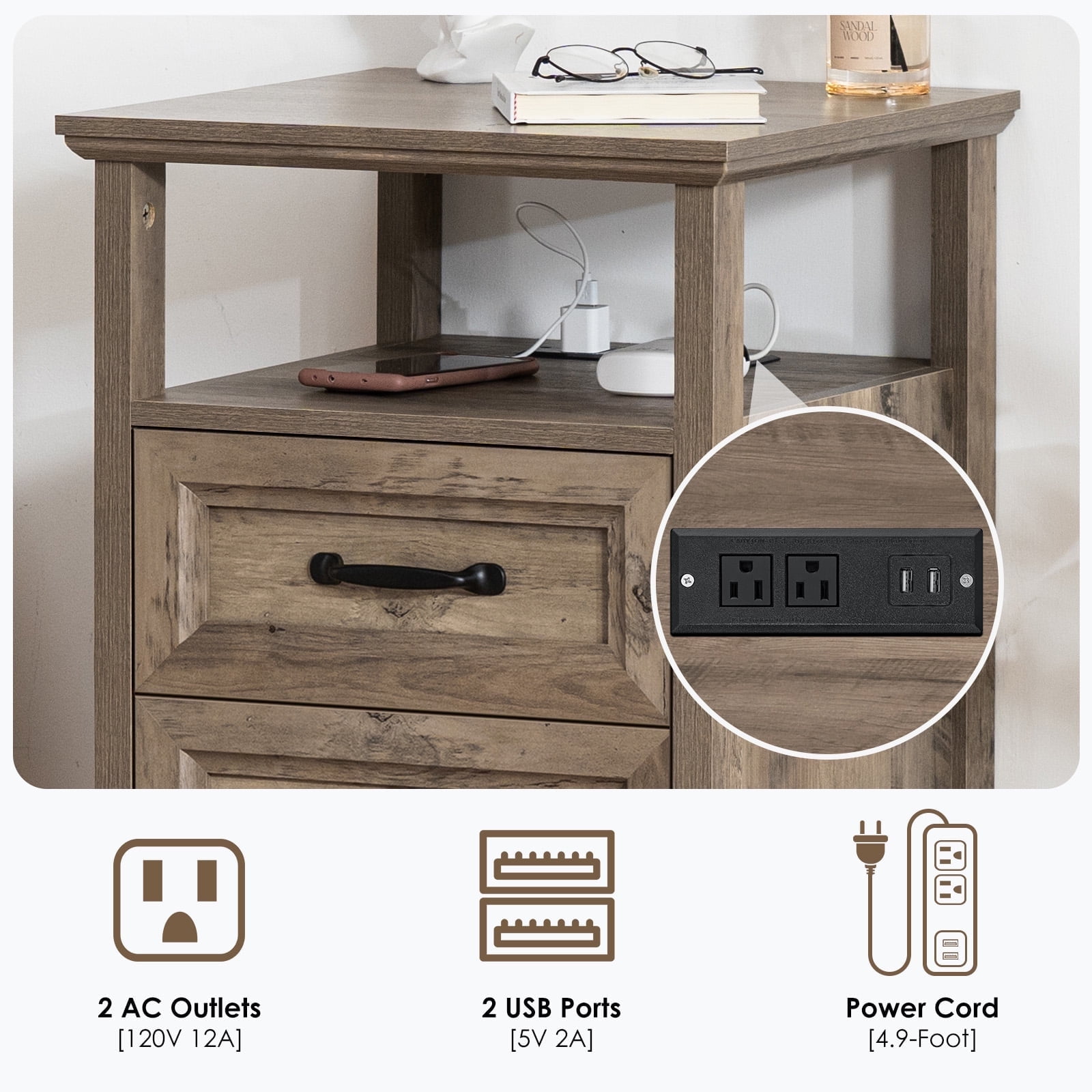 Hommpa Farmhouse End Tables for Living Room, Nightstand with Charging Station, Rustic Sofa Side Table with 2 Drawers and Storage Shelf, Bedside Cabinet for Bedroom, Light Ivory