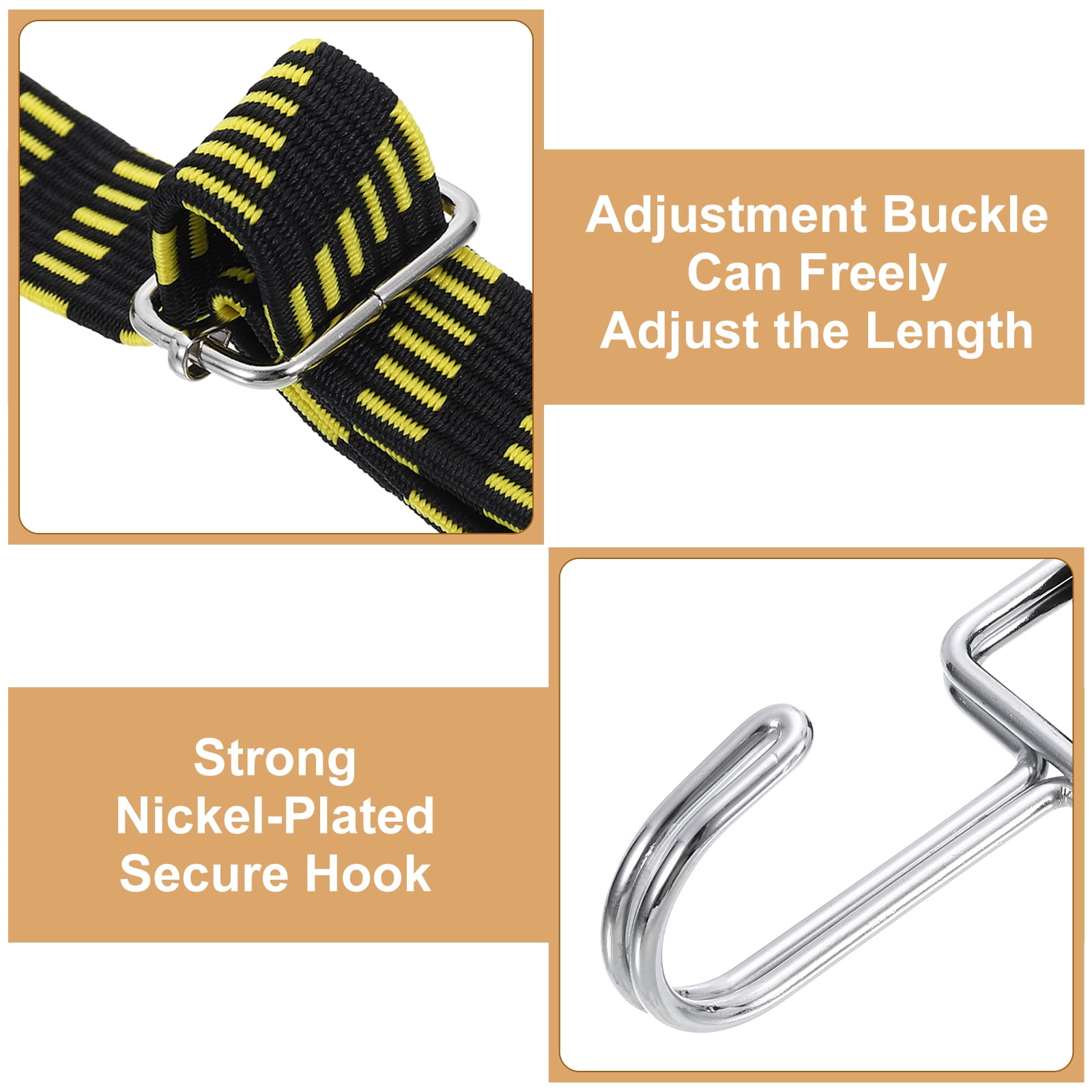 Uxcell 6 Pack Adjustable Bungee Cords with Hooks, 39 Inch Flat Heavy Duty Elasticity Straps Rubber Bungee Cords with Buckle for Outdoor, Camping, Tarp, Bike Rack, Luggage, Black Yellow