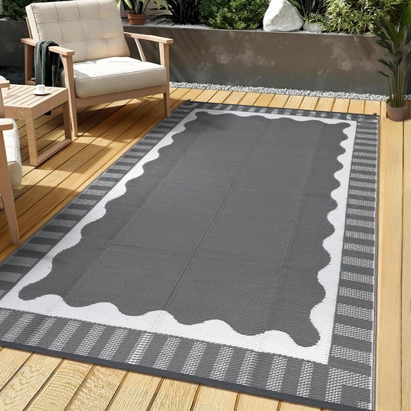 Large Scalloped Outdoor Rug 9x18 Patio Rugs Outdoor Waterproof, Reversible Plastic Straw Camping Rug, Modern Bordered Outside Mats for Picnic Backyard Deck Balcony Beach Trailer, Grey