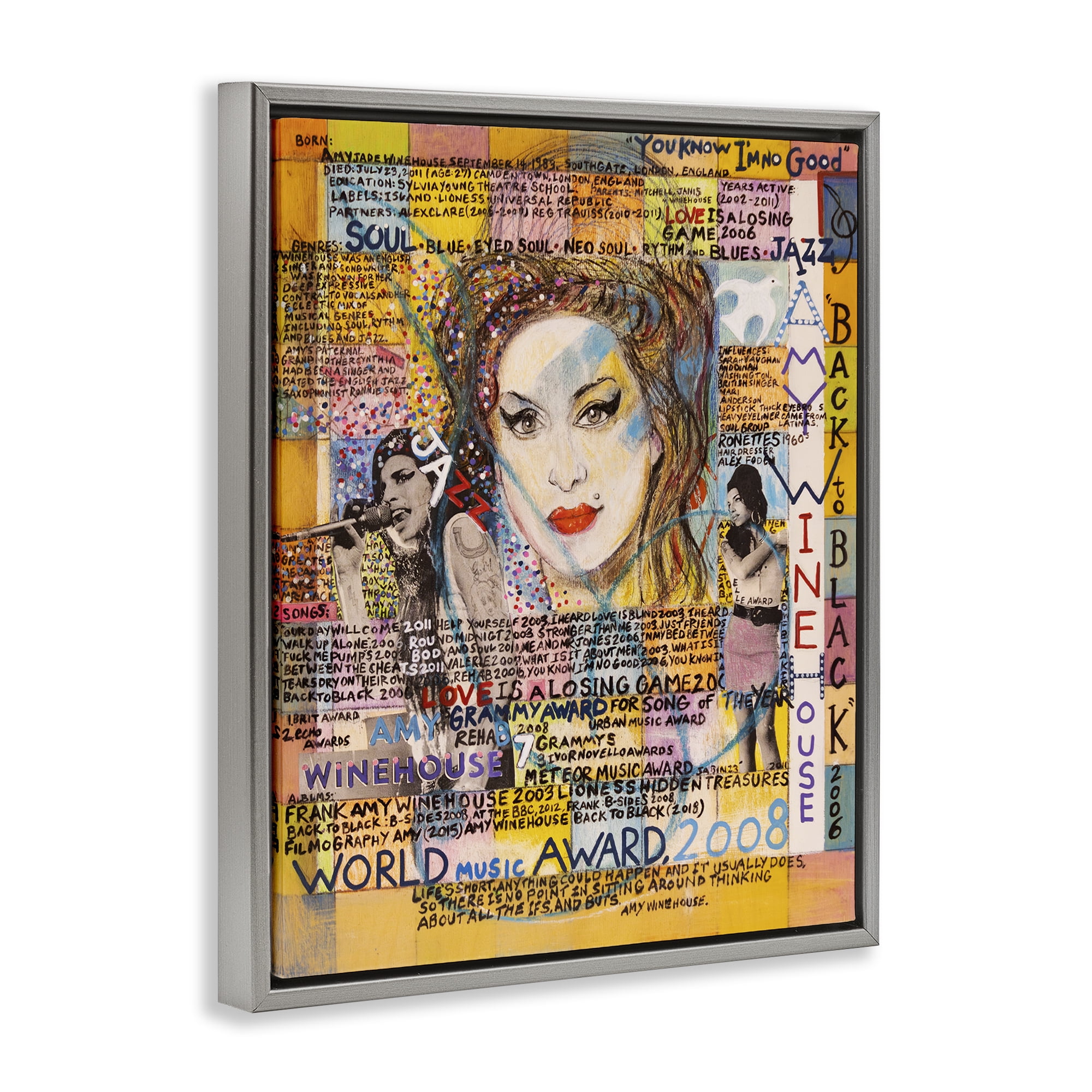 Stupell Industries Amy Winehouse Collage People Drawing Gray Floater Framed Canvas Art Print Wall Art, 25 x 31